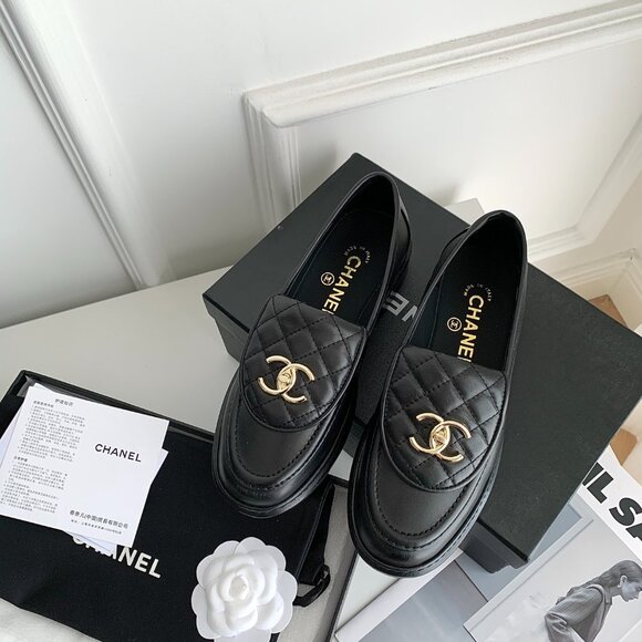 Chanel Black Loafers with Gold Emblem - Picture 1 of 9